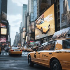 Obraz premium ## Photorealistic Taxi Top Ad: City Street with Sharp Focus and Clean Branding