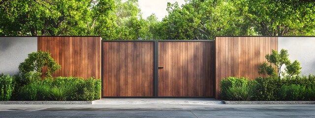  Modern wooden fence with metal gate, modern home entrance design, exterior front view