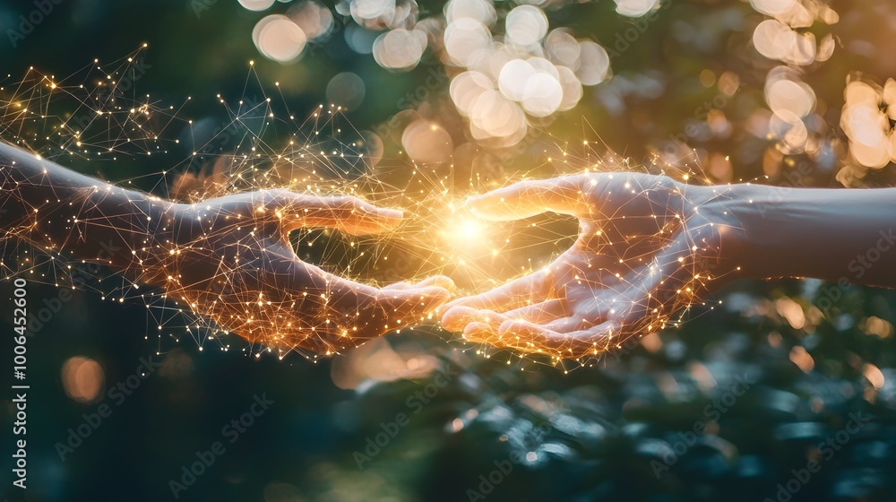 Poster hands reaching towards each other with glowing light trails representing dynamic communication