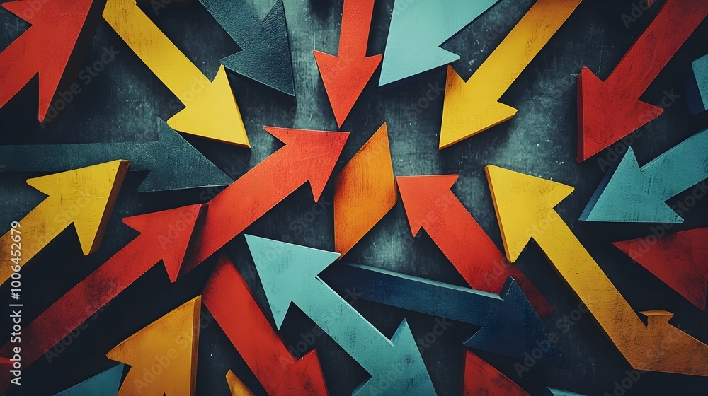 Poster dynamically interwoven arrows forming a cohesive pattern of collaborative movement