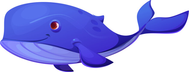 cartoon whale cute and friendly sea animal with cheerful expression and large, expressive eyes. Vector vibrant and adorable blue whale personage for children book, playful and cheerful marine creature