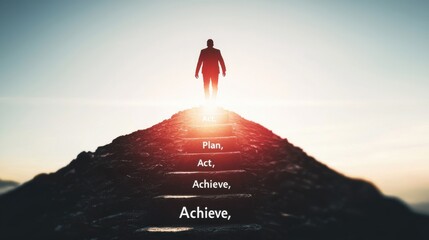 Action-Driven Steps: A series of floating steps or platforms rising toward a glowing, bright peak, with a figure confidently taking each step