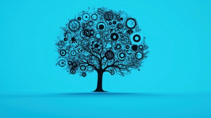 Adaptive Growth Tree: An abstract tree with flexible branches, each transforming into gears and technological devices, symbolizing a business that knows how to adapt and grow