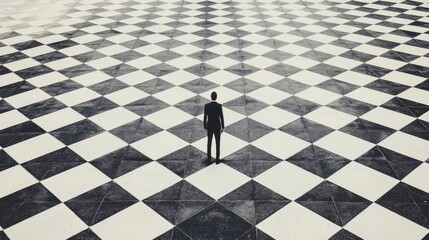 Adapting to Market Change: A business figure standing on a shifting, abstract chessboard, each square representing market trends, symbolizing adaptability to changes