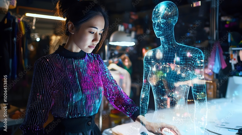 Poster ai-powered fashion design:visualizing patterns and textures on a digital mannequin