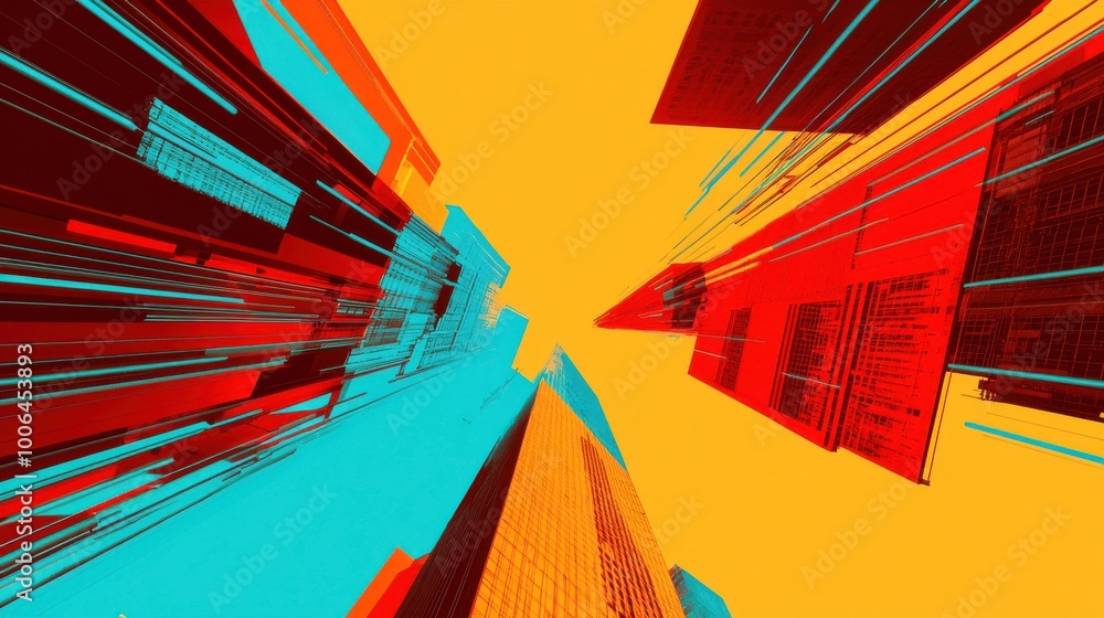 Poster an abstract cityscape where skyscrapers and home interiors merge into one, with bright digital lines