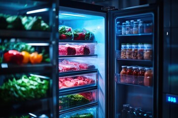 A well-stocked refrigerator showcasing fresh vegetables, meats, and jars, perfect for culinary and kitchen-themed projects.