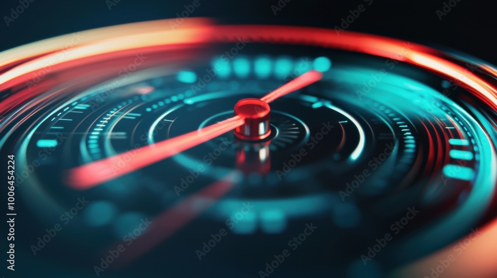 Poster an abstract clock with various dials and one glowing hand pointing to the optimal benchmark, symboli