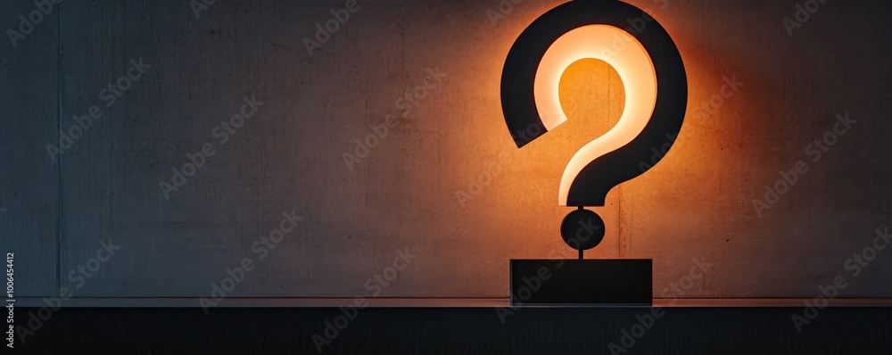 Poster illuminated question mark sculpture on a modern shelf