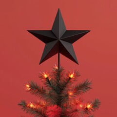 Black star tree topper on a Christmas tree with glowing lights, festive background.. 3d, illustration
