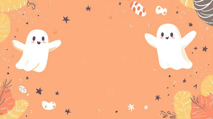 Cartoon Ghosts on Orange Background with Leaves