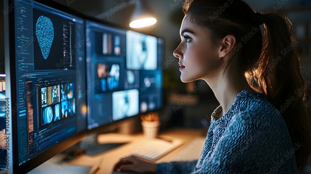 Poster focused woman examining data on multiple computer screens in workplace