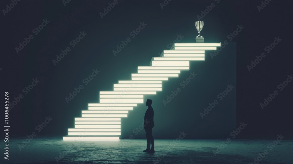 Poster an abstract figure standing at the base of a staircase made of glowing blocks, each block representi
