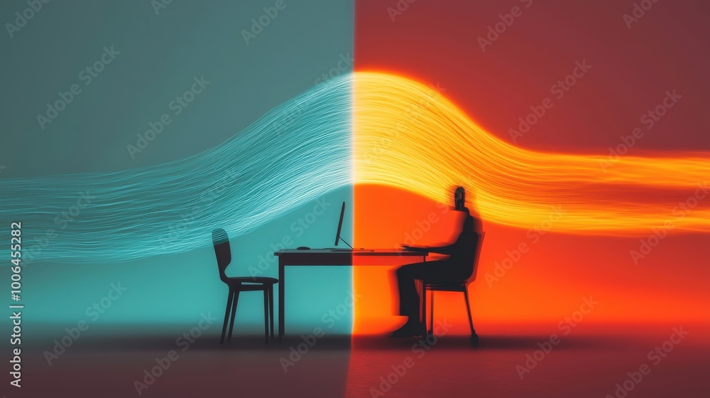 Aufkleber an abstract figure split into two, one side sitting at a home desk and the other side in a corporate