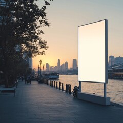 **Sunset Serenity: Blank Billboard by the River**