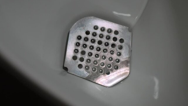 POV a stream of urine flowing into a toilet bowl hole. Public men's restroom. stream of urine flies into toilet. One Person Urinating in a Toilet Bowl. Man Piss - pissing in a home - indoor Toilet.