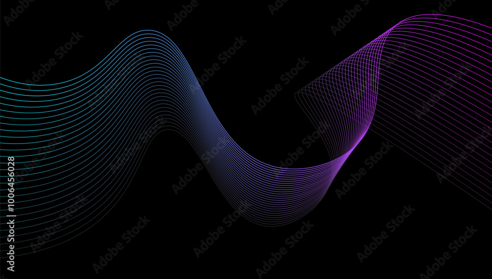 Poster dynamic wave patterns create vibrant lines against a black background in a colorful abstract design
