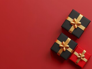 Three beautifully wrapped gifts with golden ribbons on a red background.. 3d, illustration