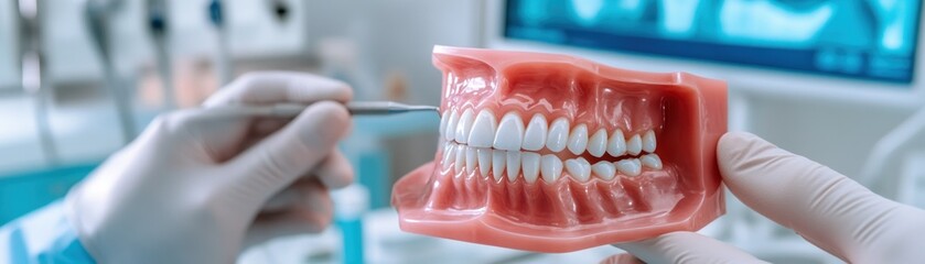 Obraz premium Dentist Explains Dental Procedure Using a Model Jaw, Showing the Steps and Importance of Oral Hygiene