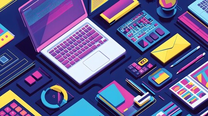 Vibrant Workspace Arrangement with Laptop and Office Supplies