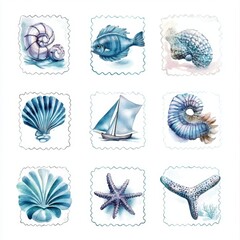 Marine-Themed Stickers: Sailboat, Starfish, Shells, and Ocean Creatures in Vintage Nautical Design