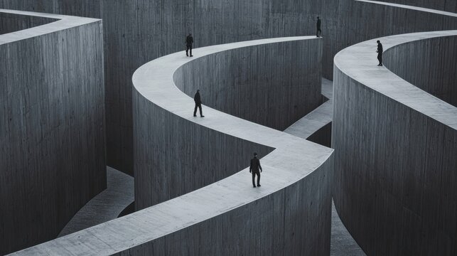 An abstract maze made of tall concrete walls, with individuals wandering alone in separate paths, representing confusion and the lack of teamwork caused by silo mentality