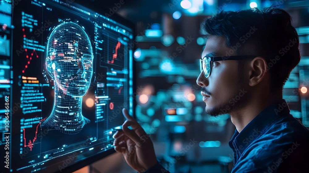 Poster man interacting with holographic interface in futuristic digital environment
