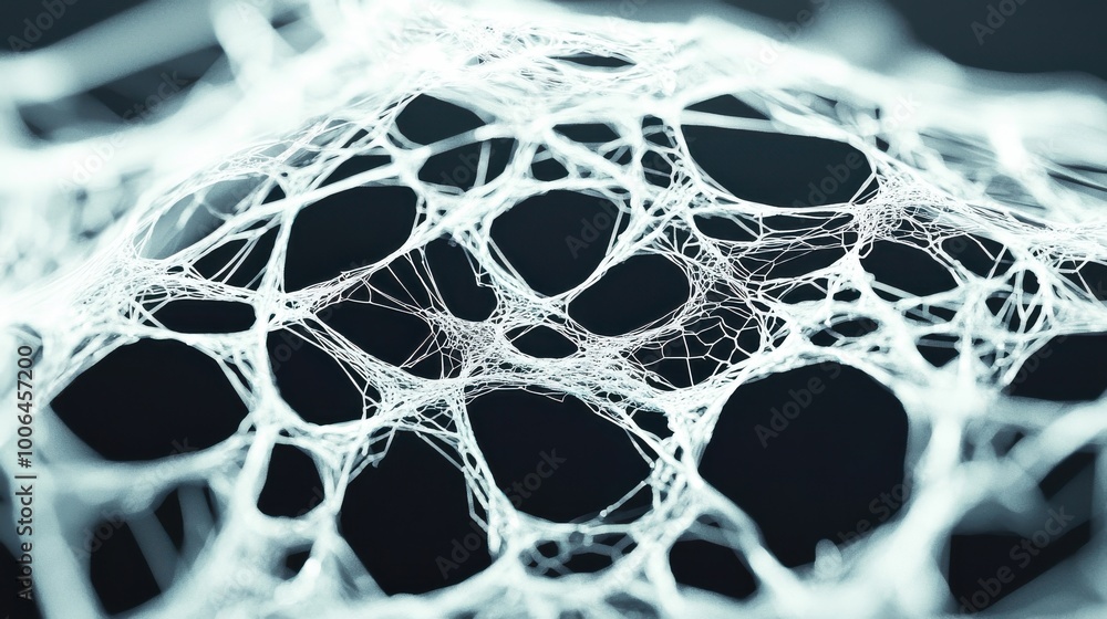 Poster an abstract, tangled web slowly untangling itself with threads of light connecting the broken pieces