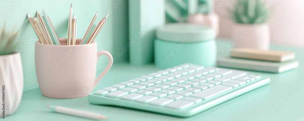 Poster minimalist desk setup for productivity a clean workspace with a keyboard, pencils, and a mug for foc