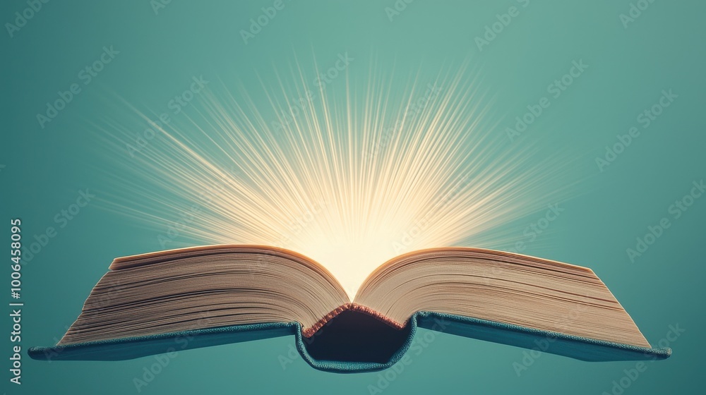 Poster an open book with pages that transform into radiant beams of light, representing knowledge, insights