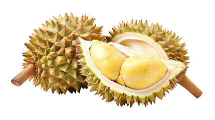 Ripe durian, ripe tropical natural fruit concept with half pieces isolated on transparent and white background. PNG