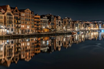 Fototapeta premium Night View of City Buildings with Reflections on Water