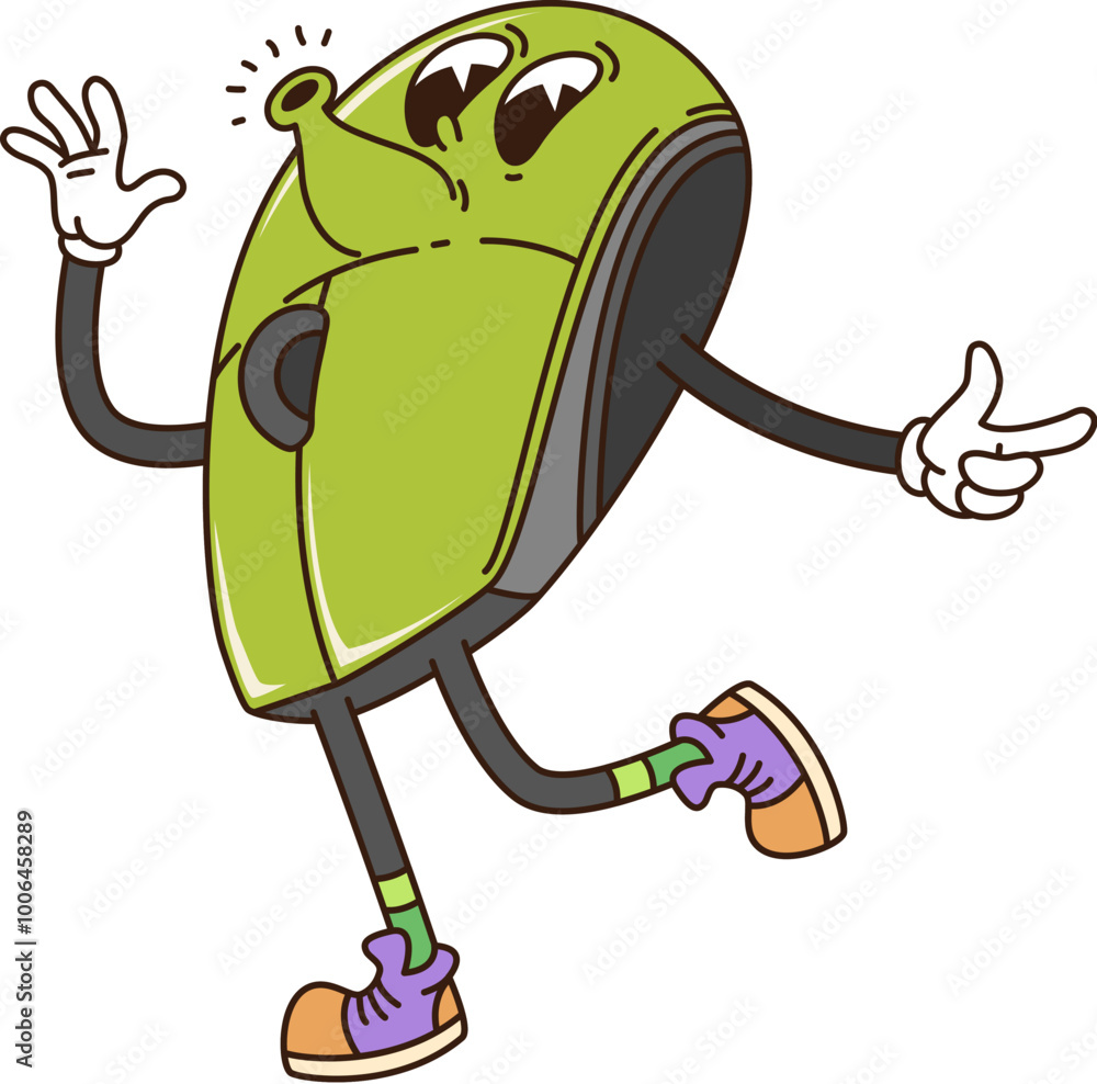 Poster Groovy computer mouse, retro cartoon character with funny face, vector funky comic. Groovy freaky PC computer or laptop mouse with happy funny smile and whistling melody on positive vibes for emoji