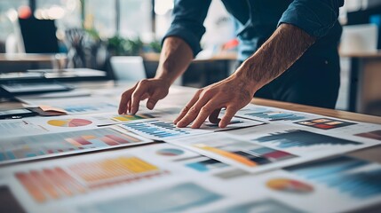 Corporate design layout with marketing documents and business data on office desk