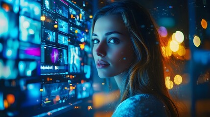 Enigmatic Woman Surrounded by Futuristic City Lights and Technological Displays