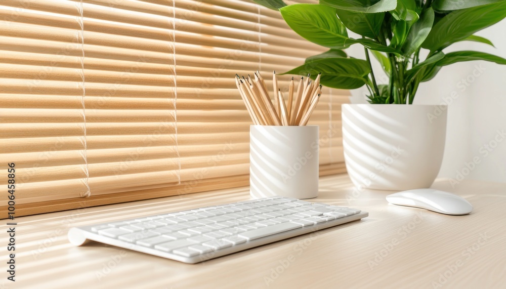 Poster organized workspace with neat stationery and keyboard for enhanced productivity, a minimalist desk s