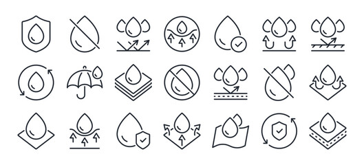 Waterproof and repellent surface editable stroke outline icons set isolated on white background flat vector illustration. Pixel perfect. 64 x 64