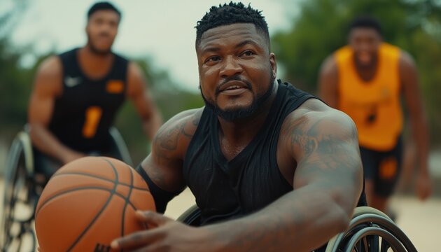 Wheelchair Basketball Diverse Teammates, Shared Passion for the Game This is an inclusive sport with a diverse range of players who share a love of basketball The image shows a wheelchair user