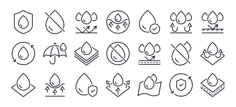 Waterproof and repellent surface editable stroke outline icons set isolated on white background flat vector illustration. Pixel perfect. 64 x 64