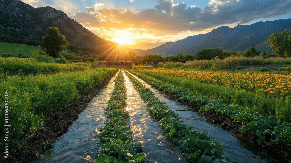 Canvas Prints Sunset over mountain valley farmland