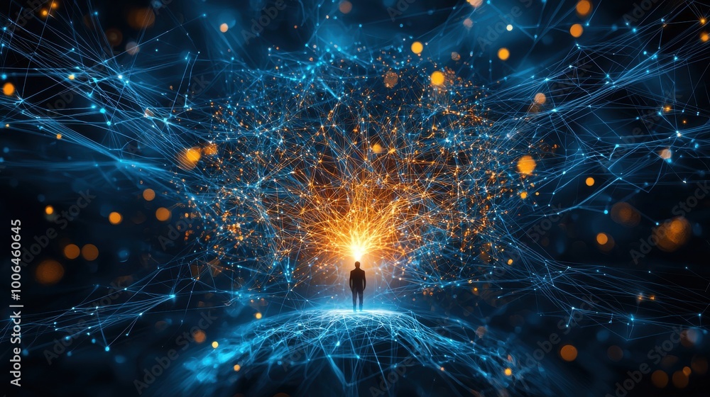 Poster branching network of support: human figures standing at the center of a web of glowing lines, which 