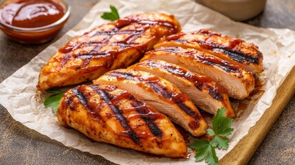 Grilled chicken breast slices with seasoning and barbecue sauce on parchment paper.