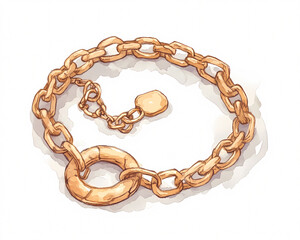 Obraz premium A gold chain with a clasp and a small tag hanging from it. The chain is on a white background