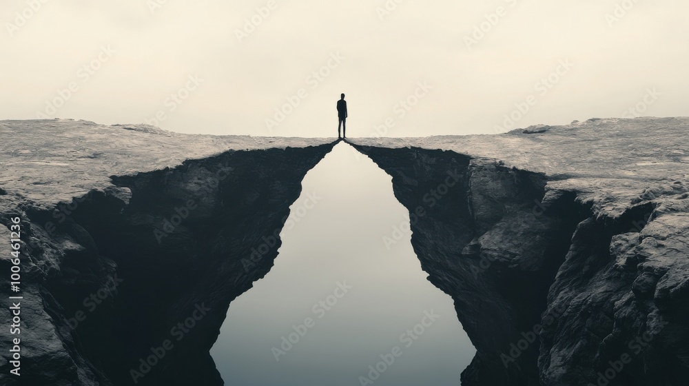 Poster broken bridge: a person is standing on one side of a broken, abstract bridge with the other side jus