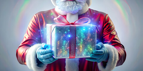 Flat Santa Holding Holographic Gift: Close-Up of Shimmering Surface Details in a Magical Vector Illustration