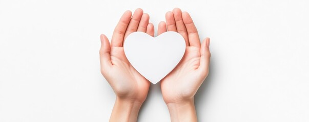 Two hands gently hold a white heart against a light background, symbolizing love, care, and compassion.