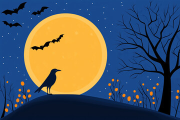 An eerie Halloween night scene with a silhouette of a raven on a hill, a glowing full moon in the background, bats flying across the sky, and bare trees with orange berries. Perfect for Halloween  