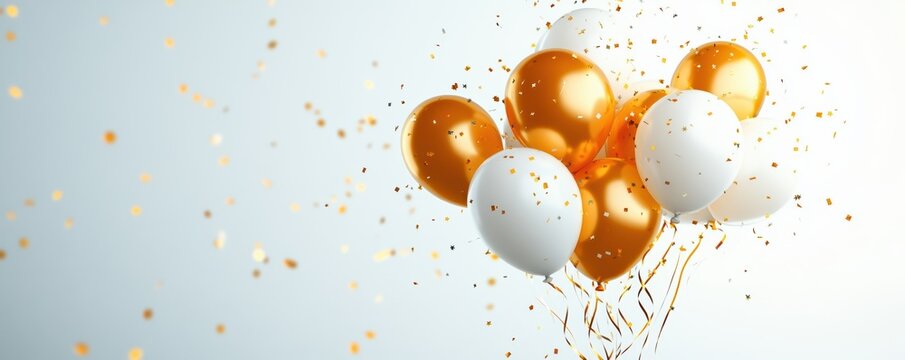 A vibrant cluster of orange and white balloons, adorned with golden confetti, creating a festive and joyful atmosphere.