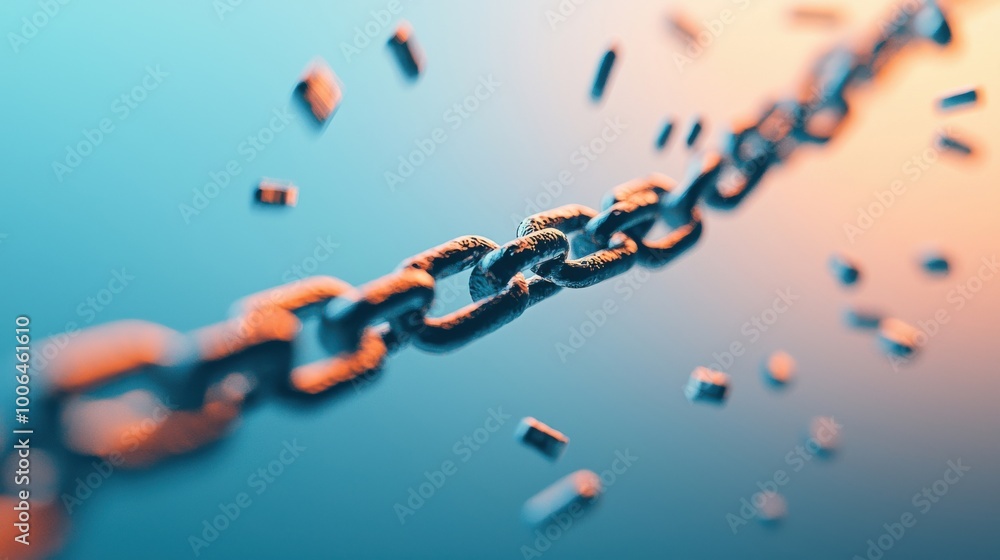 Poster broken chains of speech: a chain of words floating in the air, with one side connecting to a cloud o