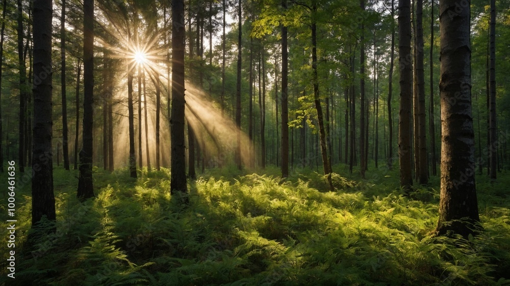 Poster dense forest with tall pine trees, sunlight streaming through branches, creating warm and serene atm